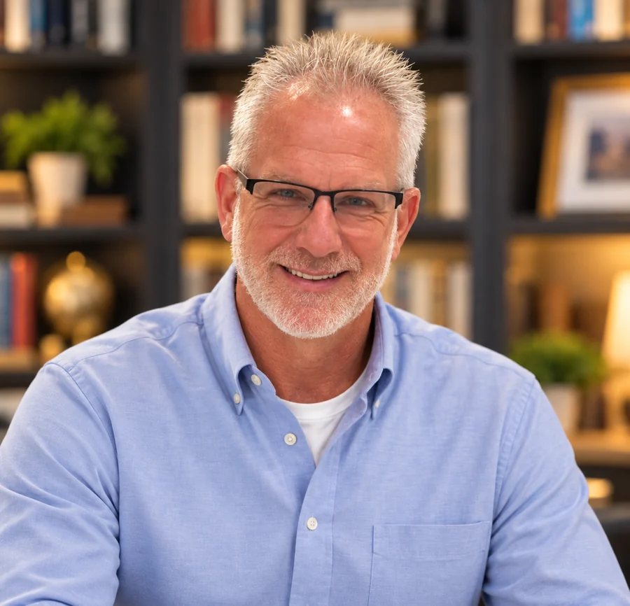 Author Sean Ros smiling in front of a bookshelf